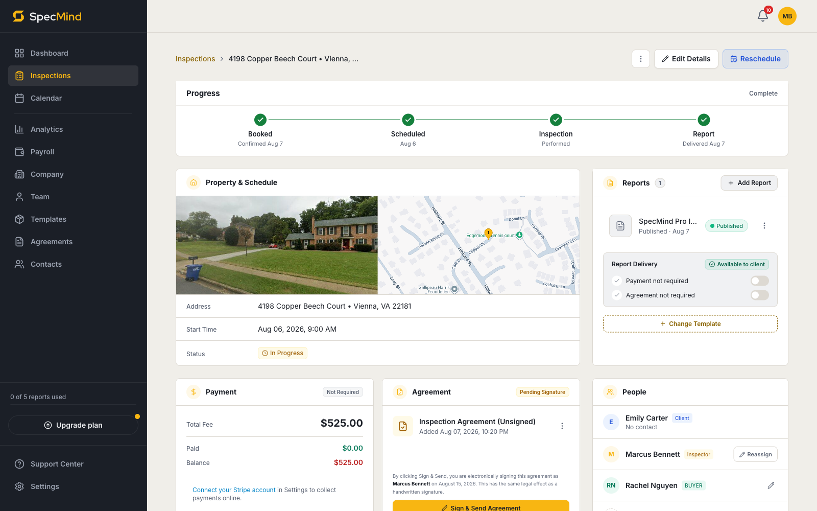 SpecMind inspection page with progress stepper, property map, payment, and agreement status