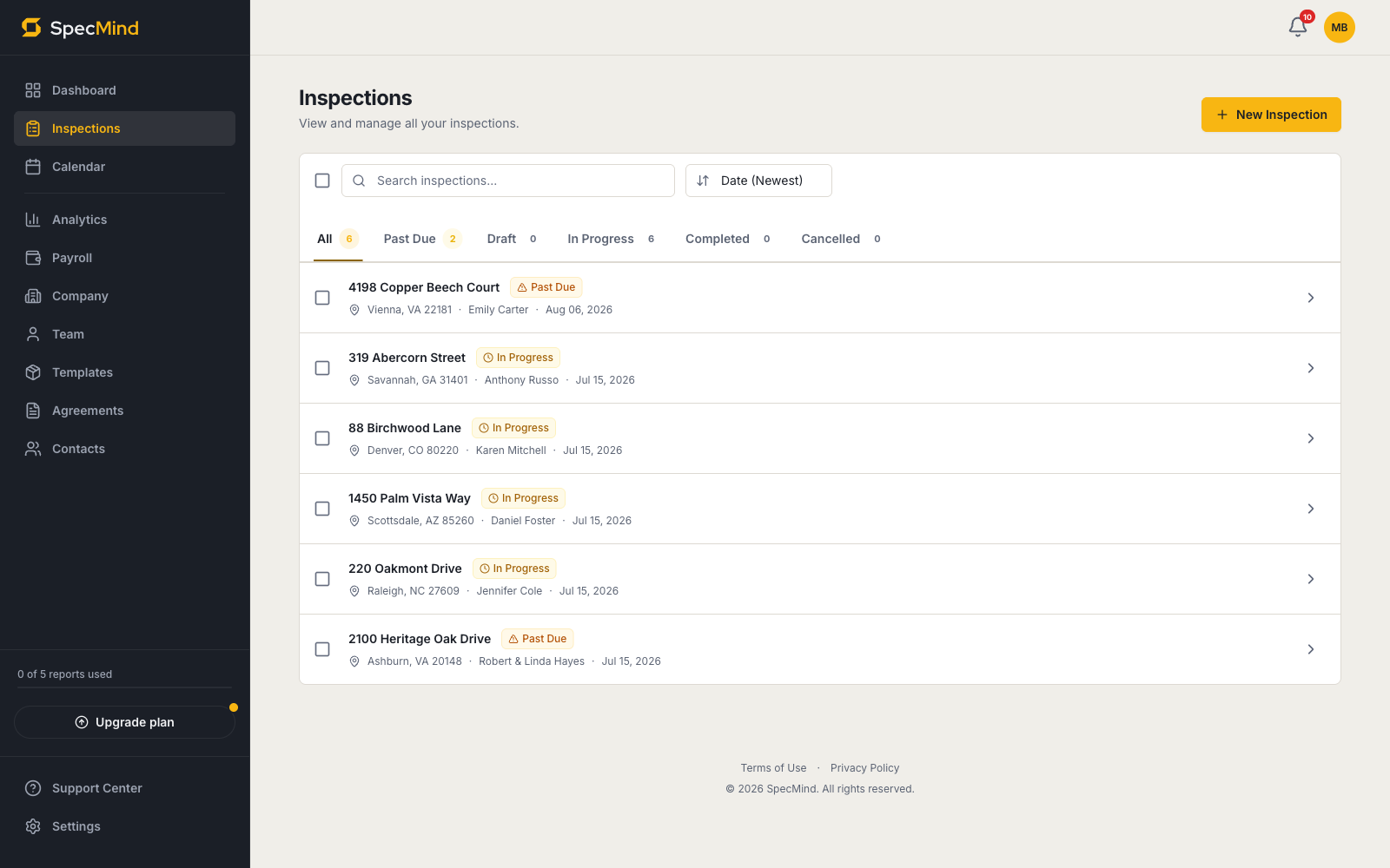 SpecMind inspections list with status tabs and search