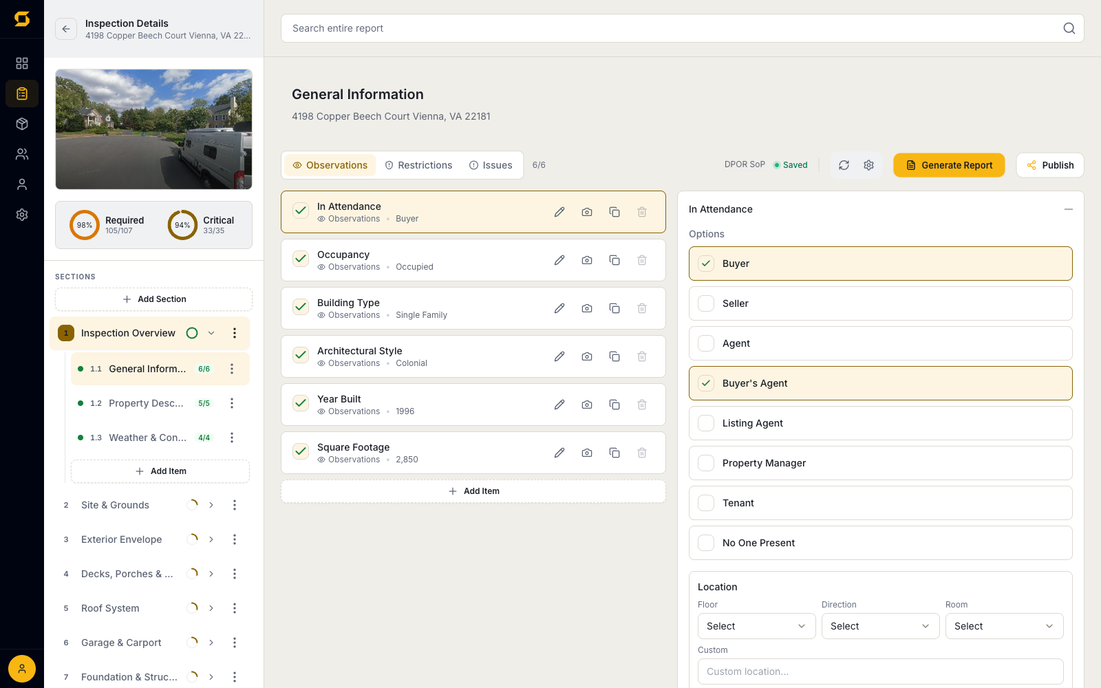 SpecMind report editor with section navigation, completion tracking, and tap-to-answer items