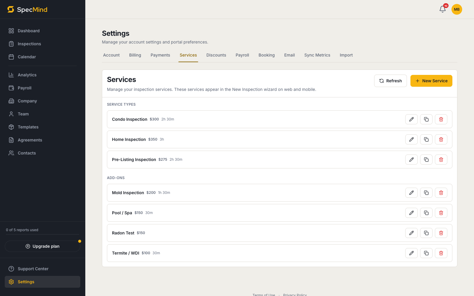 SpecMind services settings with per-service pricing and durations