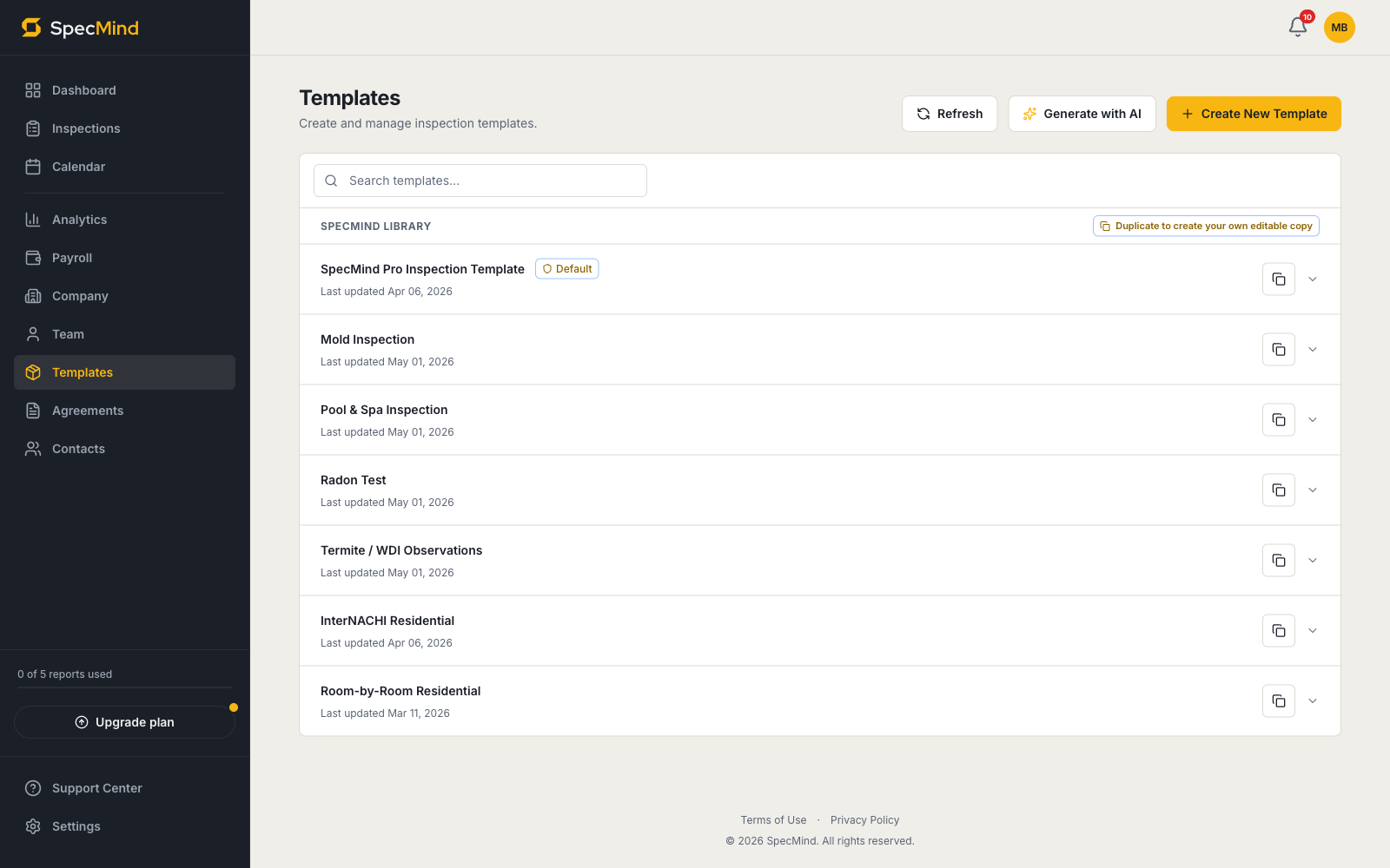 SpecMind template library with built-in templates and AI generation