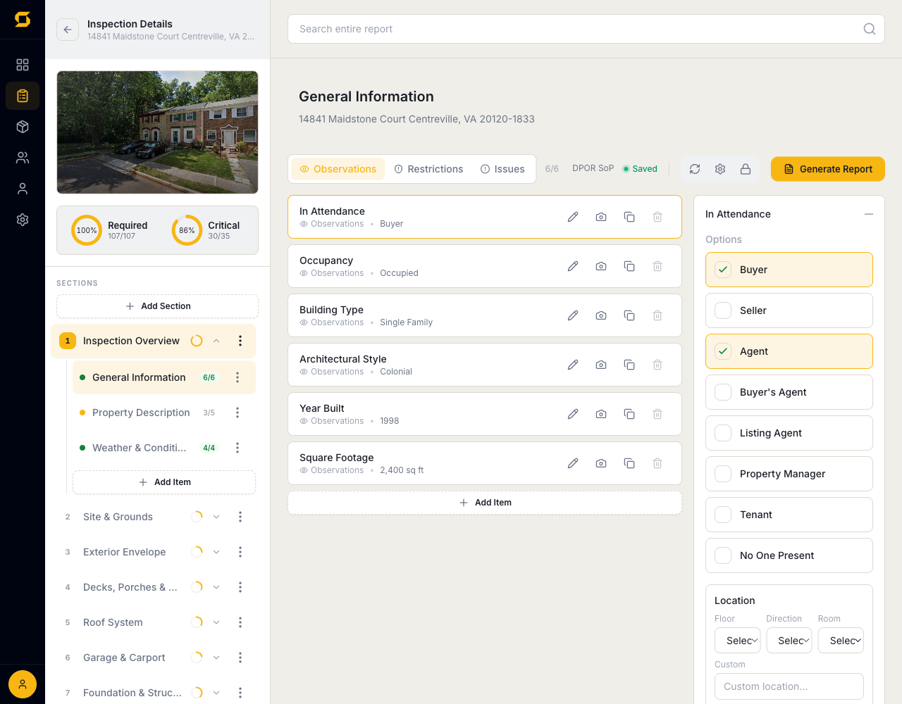 The SpecMind report editor — sections, items, and comment options with completion tracking.
